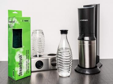 Two in ONE Abtropfhalter und Spülmaschineneinsatz - 5 fach - aus Edelstahl kompatibel mit Sodastream Crystal & Emil Flaschen - Flaschenhalter mit praktischer Deckelhalterung
